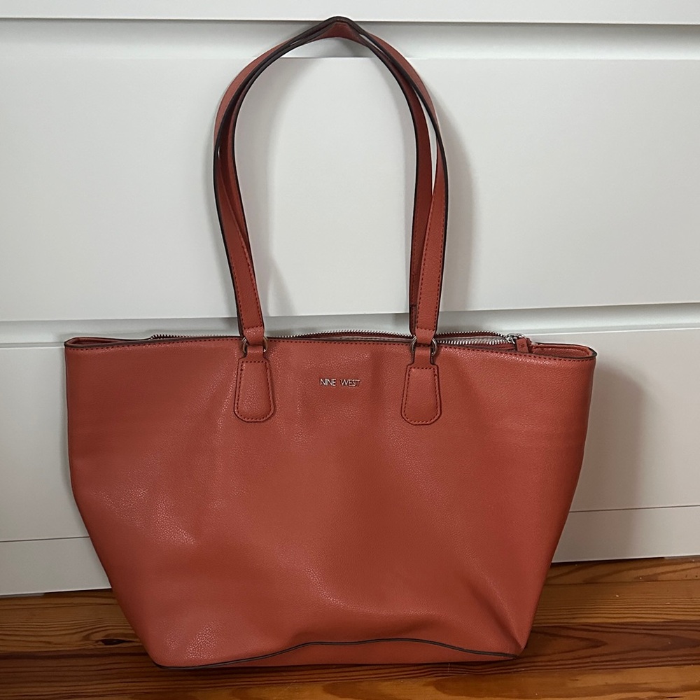 NineWest Tote Bag, Clay colored handbag, dark coral shoulder bag, large tote bag